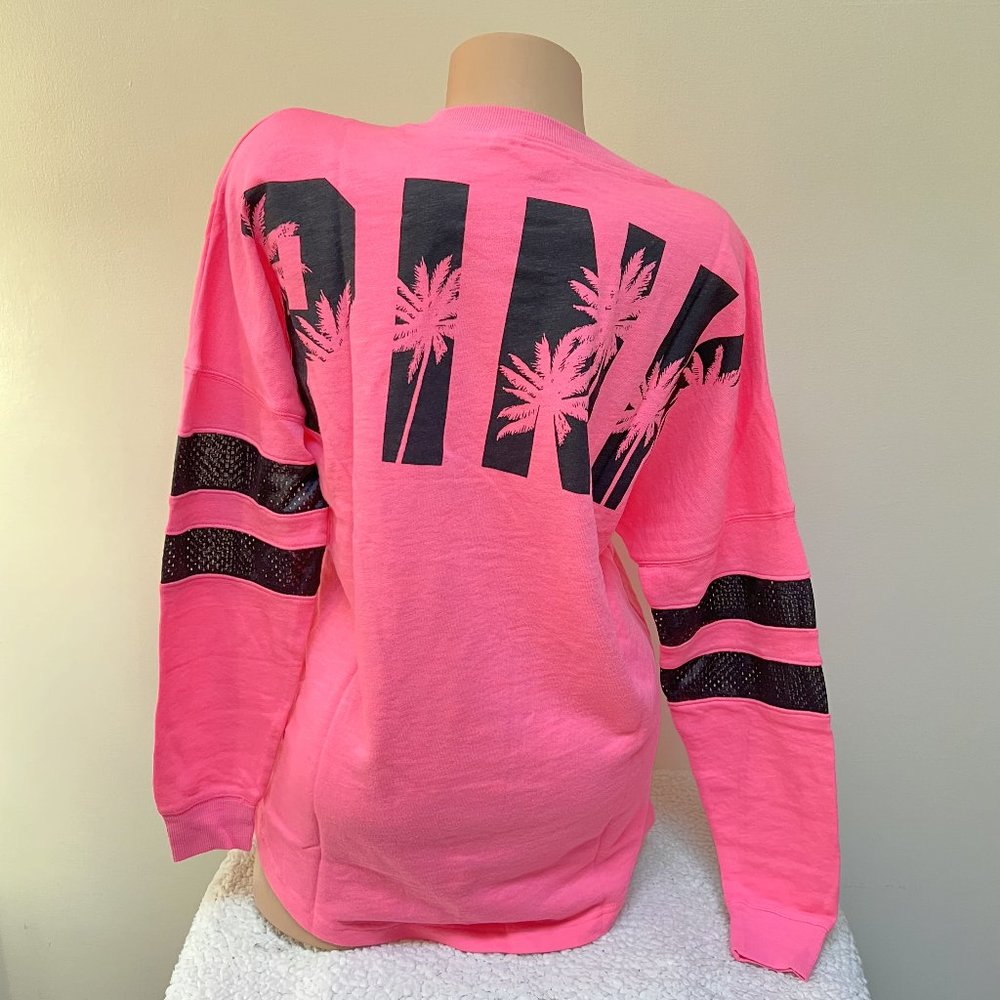 Victoria’s Secret PINK Neon Tropical Palm Mesh Varsity Crew Neck Sweat Shirt S